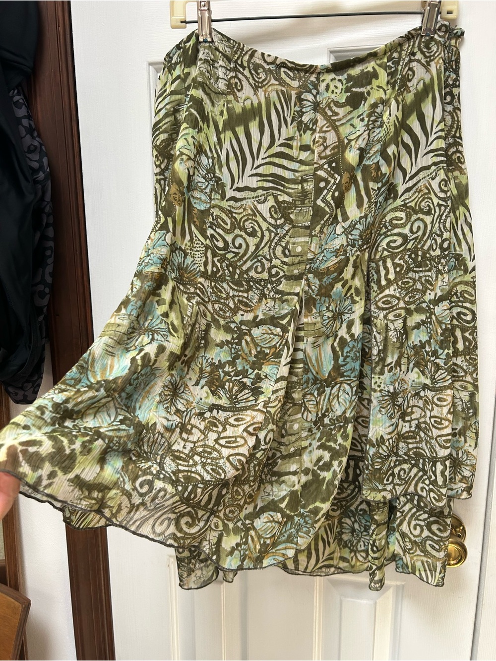 Flowy Mixed Print Skirt in Olive & Aqua. Zipper side. Semi-sheer but two layers.